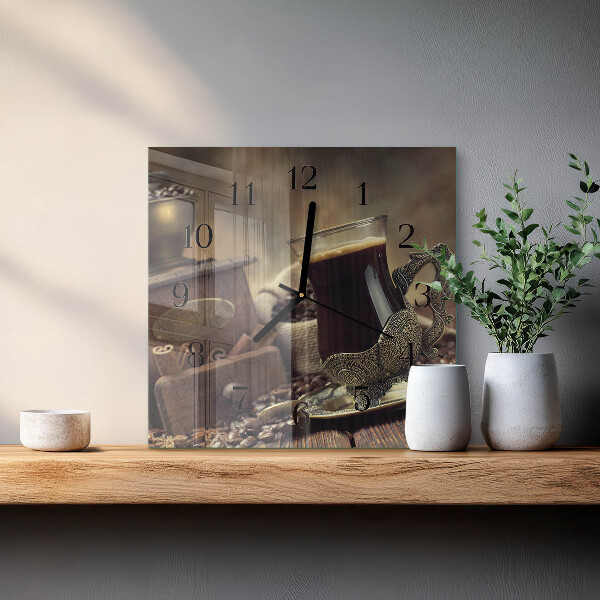 Vierkante glazen wandklok Koffie