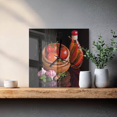 Vierkante glazen wandklok Tomaten en knoflook