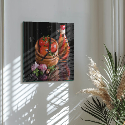 Vierkante glazen wandklok Tomaten en knoflook