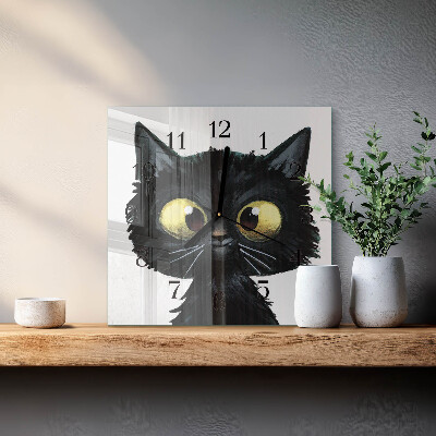 Vierkante glazen wandklok Zwarte kat