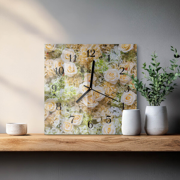 Vierkante glazen wandklok Elegante bloemen