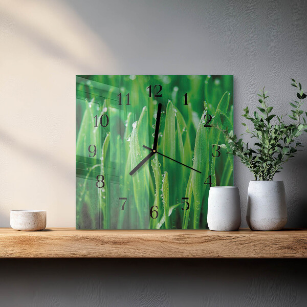 Vierkante glazen wandklok Groen gras