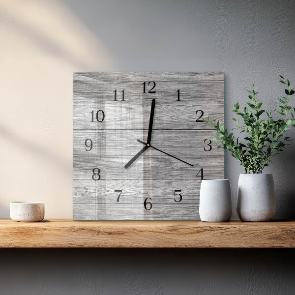 Vierkante glazen wandklok Grijs hout