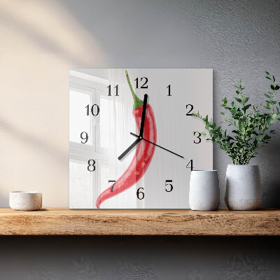 Vierkante glazen wandklok Chilipeper