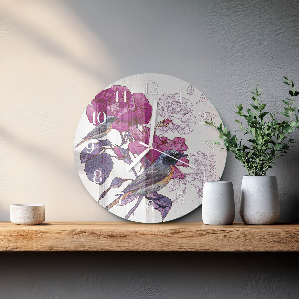 Ronde glazen klok Vogels Bloemen