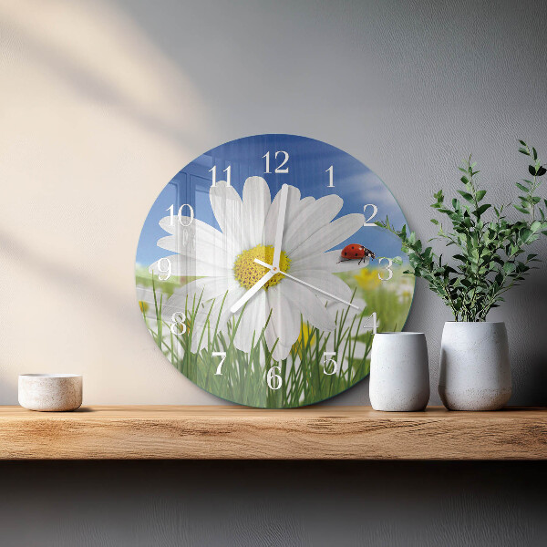 Ronde glazen klok Bloem en lieveheersbeestje