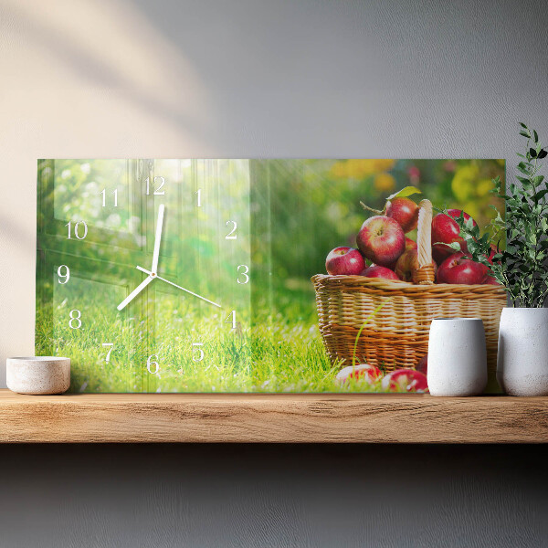 Glazen wandklok rechthoekig Een mand met appels