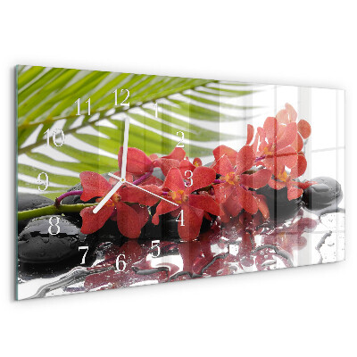 Glazen wandklok rechthoekig Bloemen en stenen