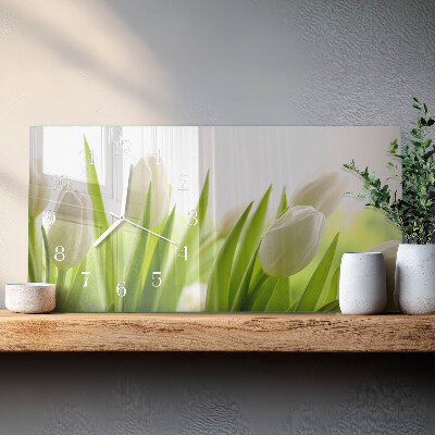 Glazen wandklok rechthoekig Witte tulpen